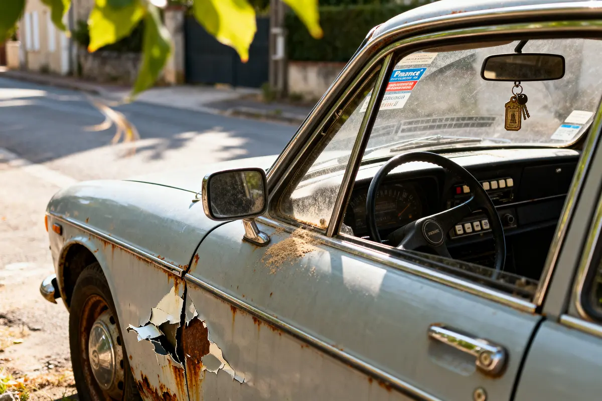 Voiture ancienne rouillée, intérieur vieilli, porte abîmée, stationnée dans la rue sous les arbres.