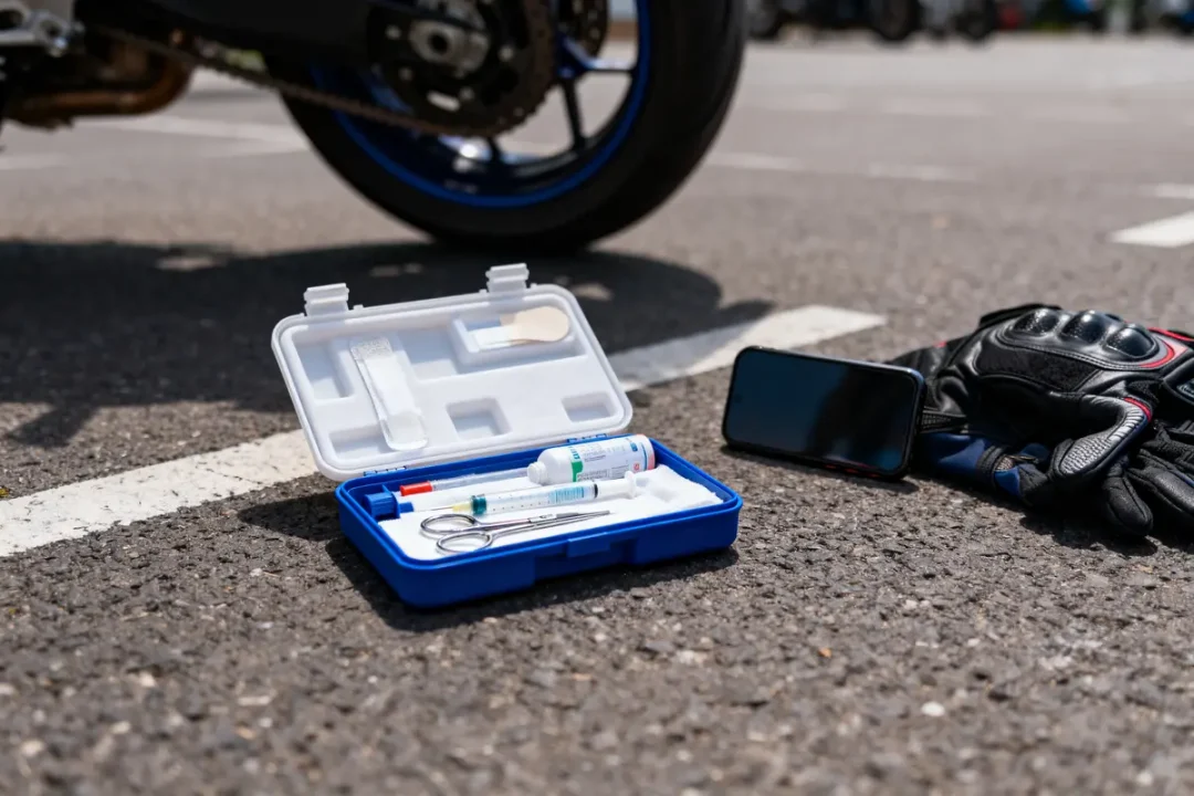 Trousse de secours ouverte, gants de moto, téléphone et roue de moto sur le sol d'un parking.