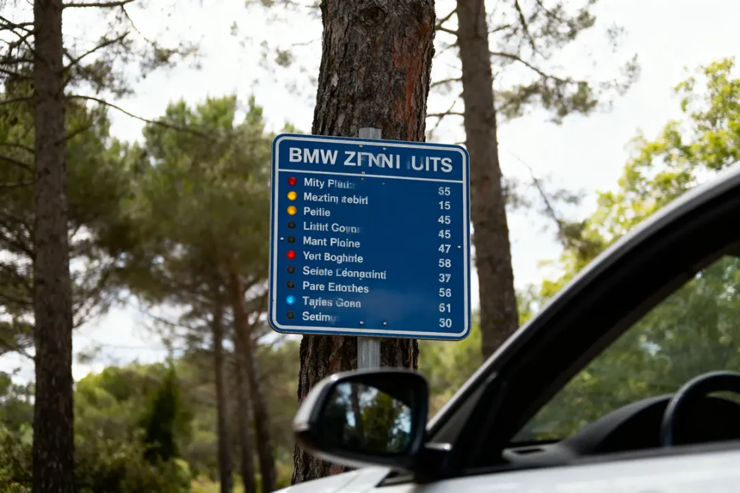 Panneau bleu sur arbre indiquant distances de lieux avec voiture au premier plan, forêt en arrière-plan.