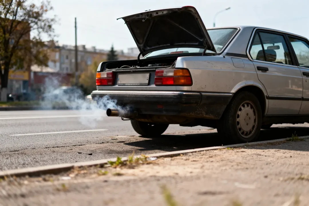 Voiture argentée avec capot ouvert, émettant de la fumée par l'échappement sur la route.