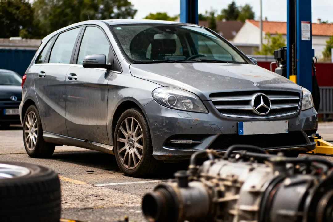 Voiture Mercedes grise en stationnement, entourée d'équipements de garage automobile, sortie extérieure.