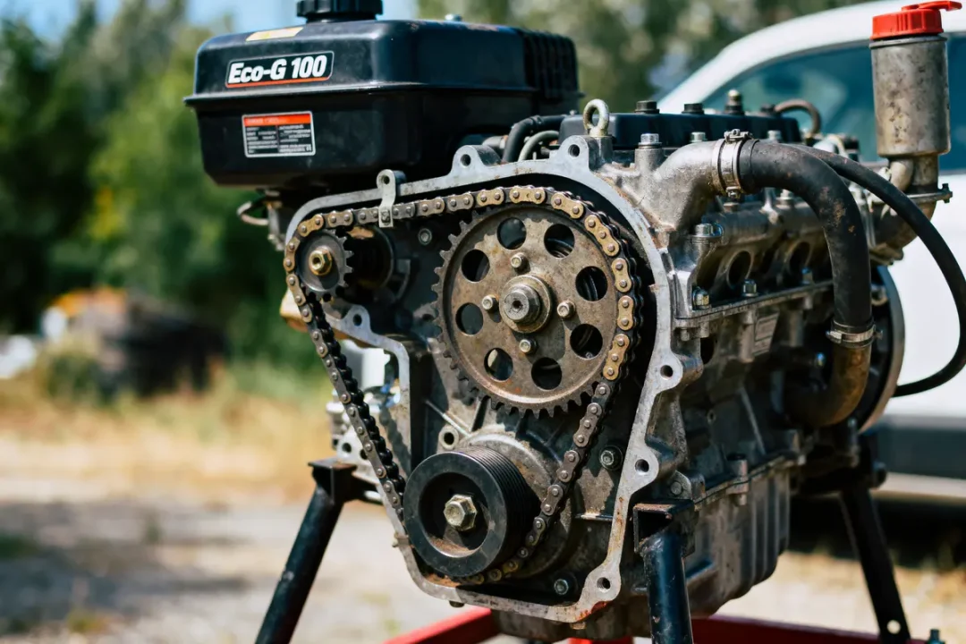 Moteur Eco-G 100 sur un support, avec une chaîne et des engrenages visibles, en extérieur.