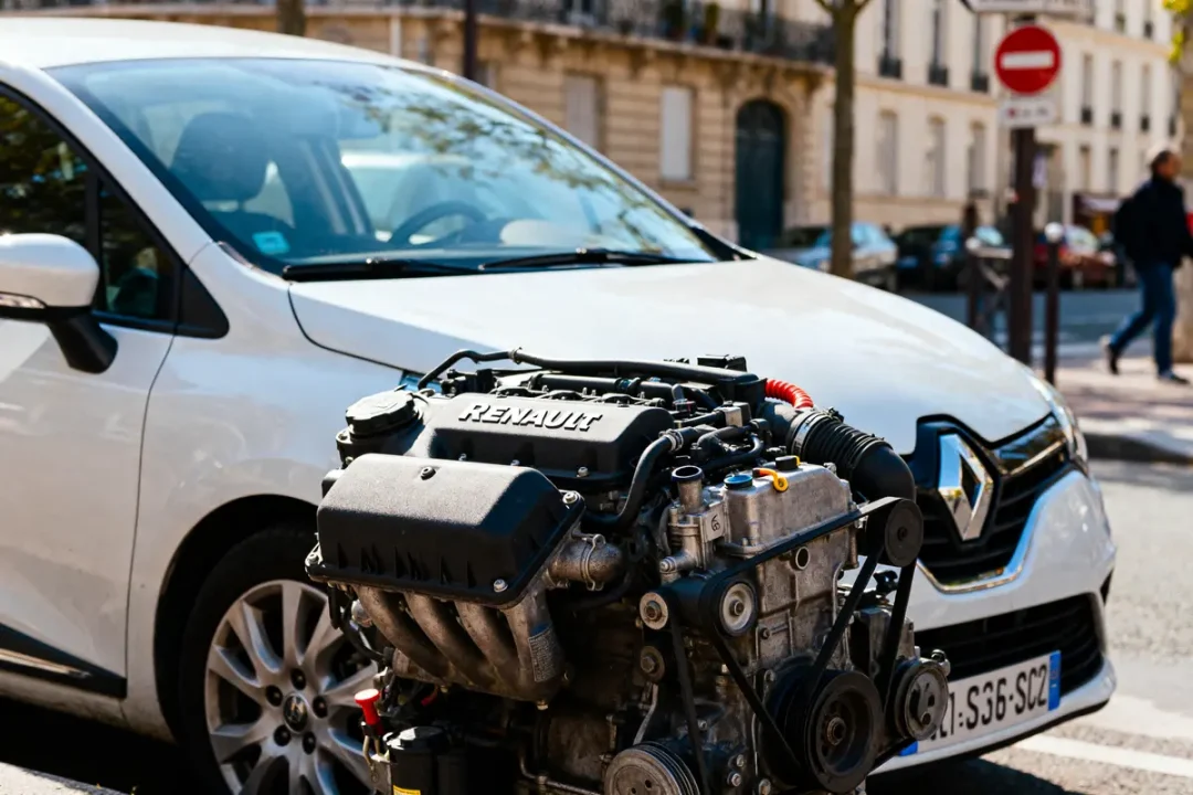Voiture blanche Renault avec moteur en premier plan dans une rue urbaine.