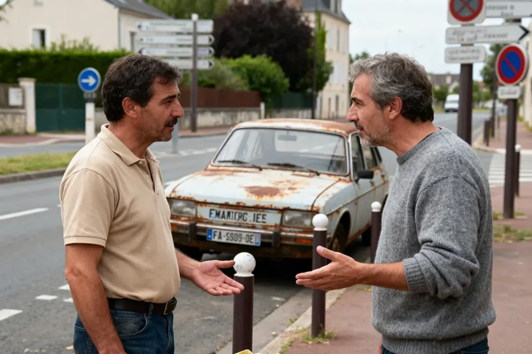Deux hommes discutent devant une voiture rouillée, dans une rue avec plusieurs panneaux de signalisation.