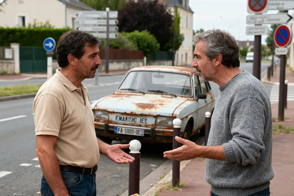 Deux hommes discutent devant une voiture rouillée, dans une rue avec plusieurs panneaux de signalisation.