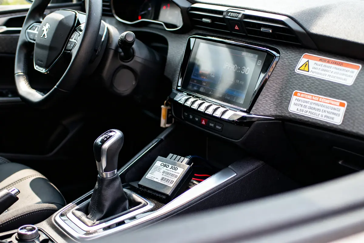 Intérieur de voiture Peugeot avec écran tactile, levier de vitesse, volant et un dispositif OBD sur la console.