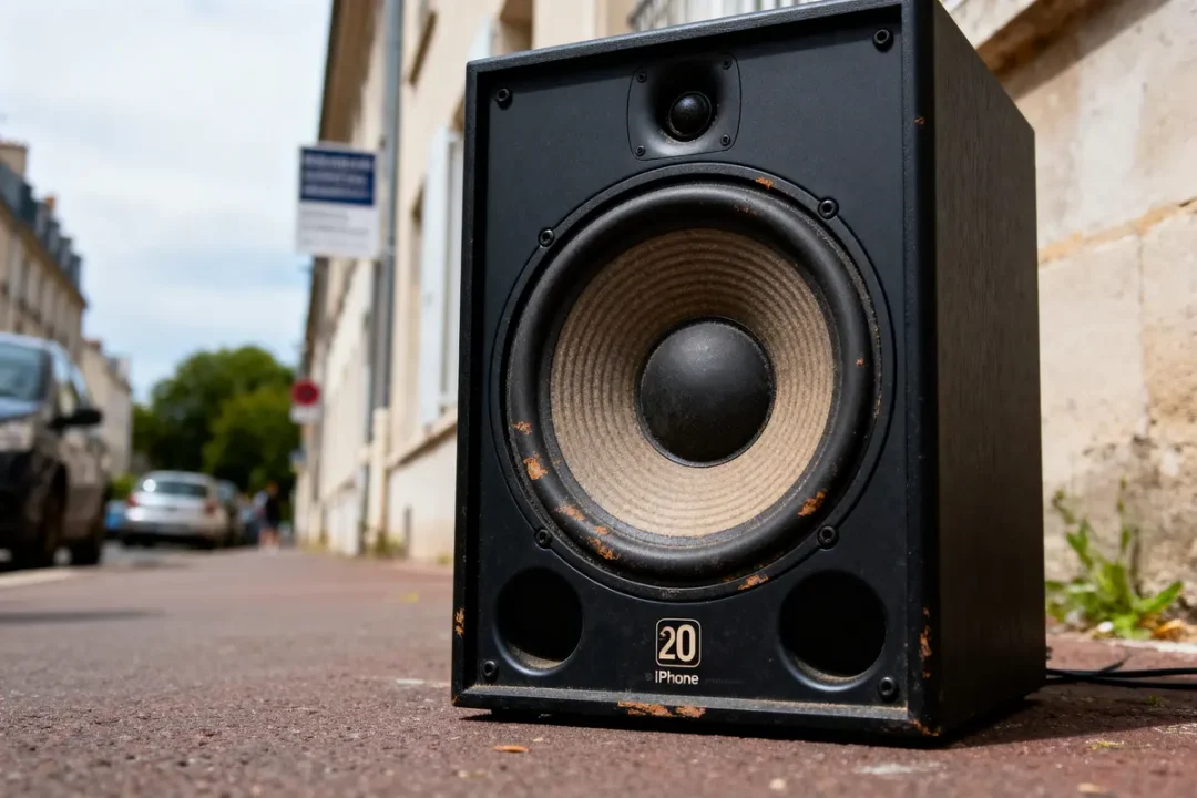 Enceinte noire usée posée sur un trottoir urbain, bâtiments et voitures en arrière-plan.
