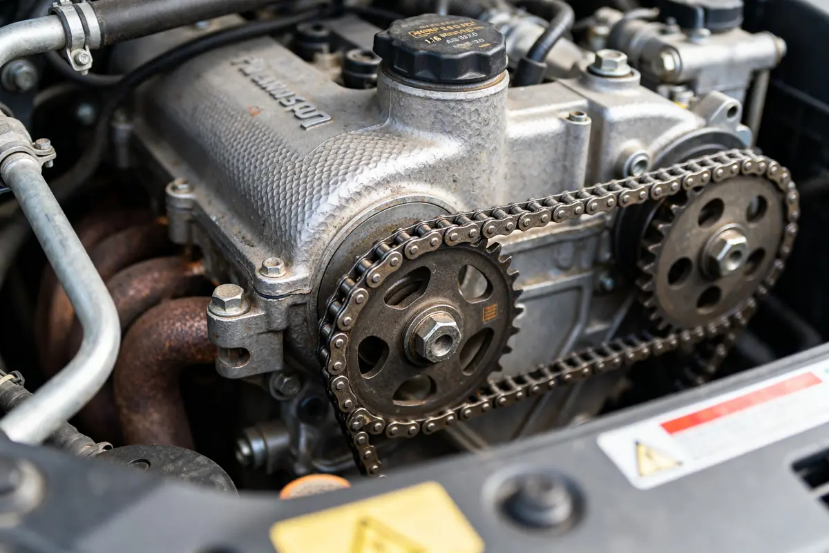 Moteur 1.6 PureTech avec courroie de distribution en gros plan sous le capot voiture