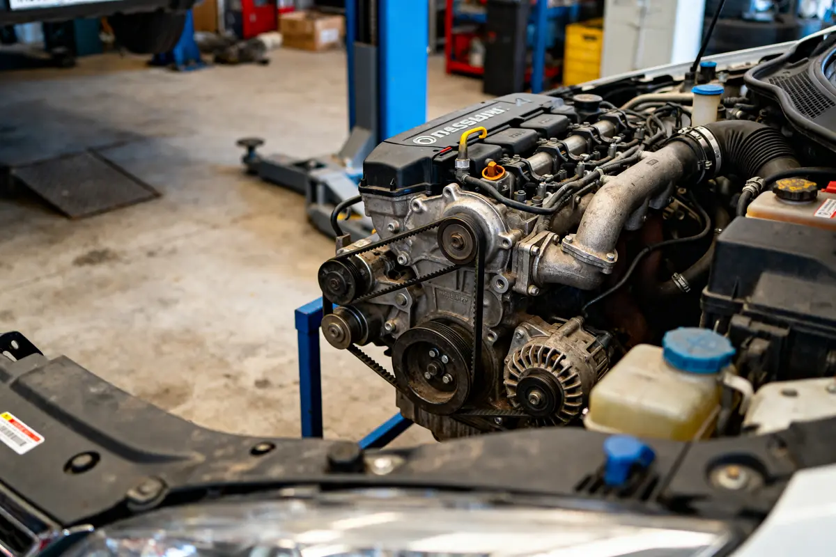 Moteur 1.6 THP en cours de réparation dans un atelier mécanique auto.