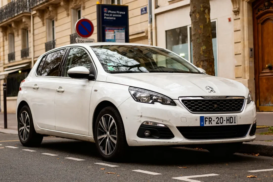 Voiture blanche Peugeot 308 garée dans une rue avec moteur 2.0 HDi