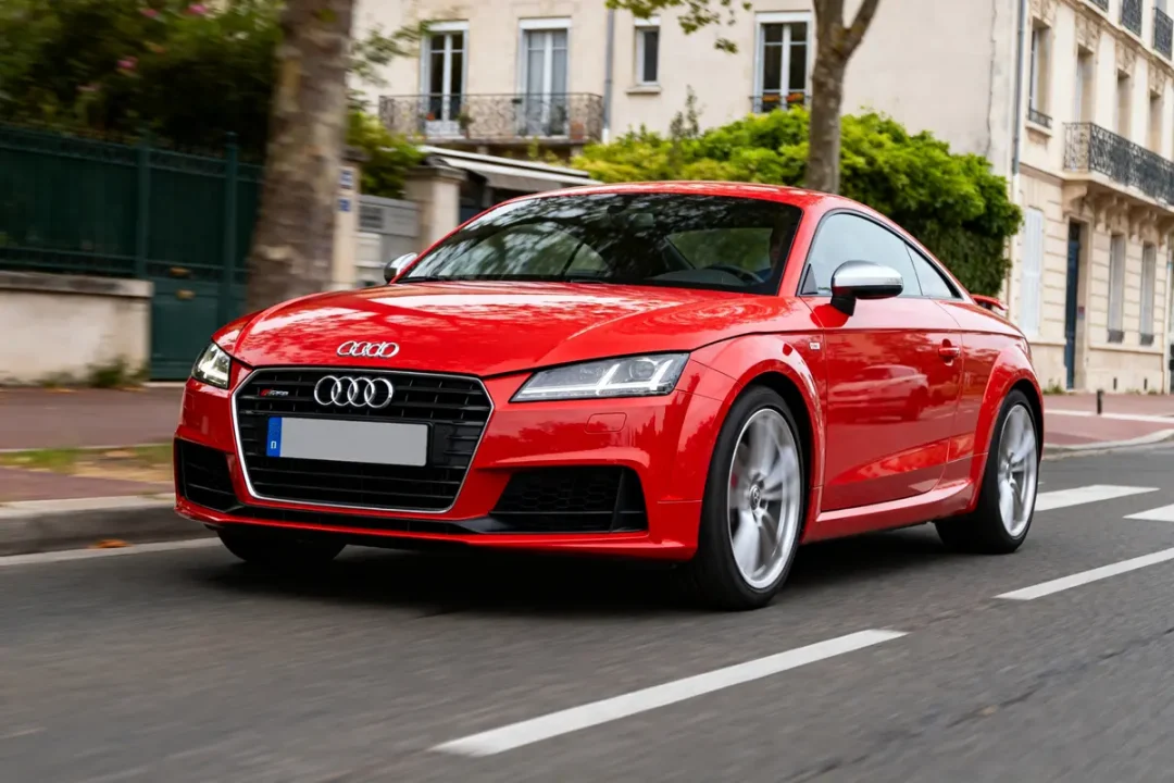 Véhicule Audi TT d'occasion rouge roulant en ville sur route bordée d'immeubles historiques