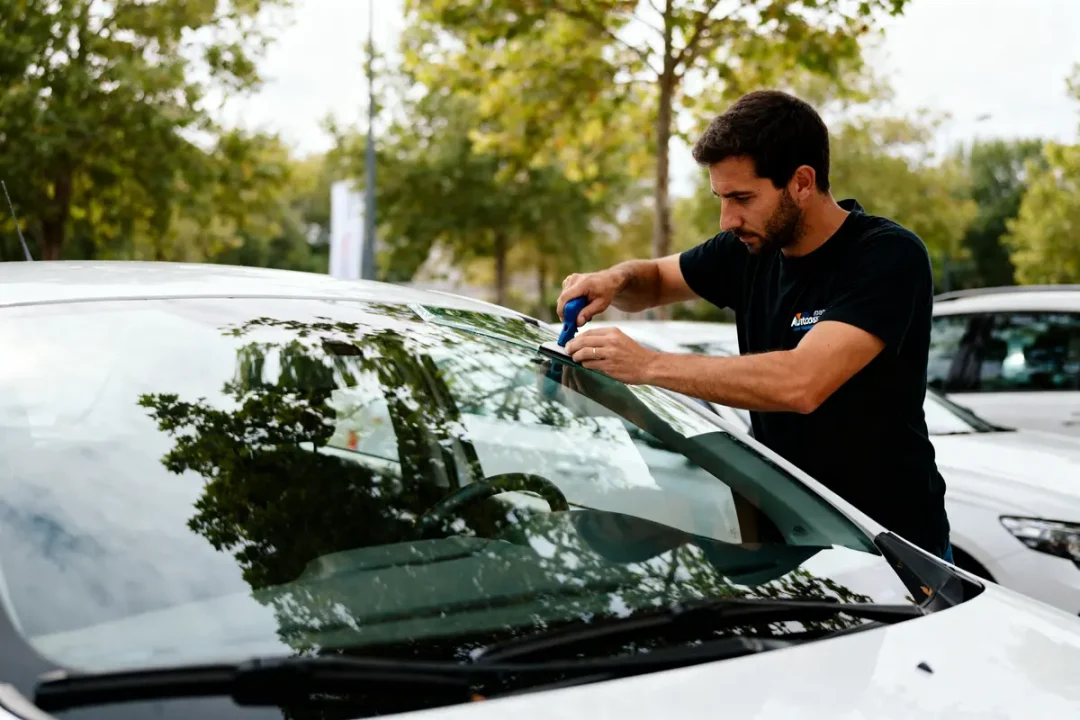 Technicien Autoglass France réparant un pare-brise de voiture dans un environnement extérieur verdoyant