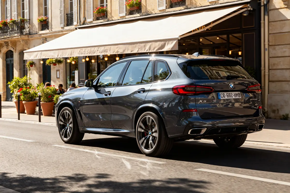 BMW X5 gris stationné devant un café en ville ambiance chic et détendue