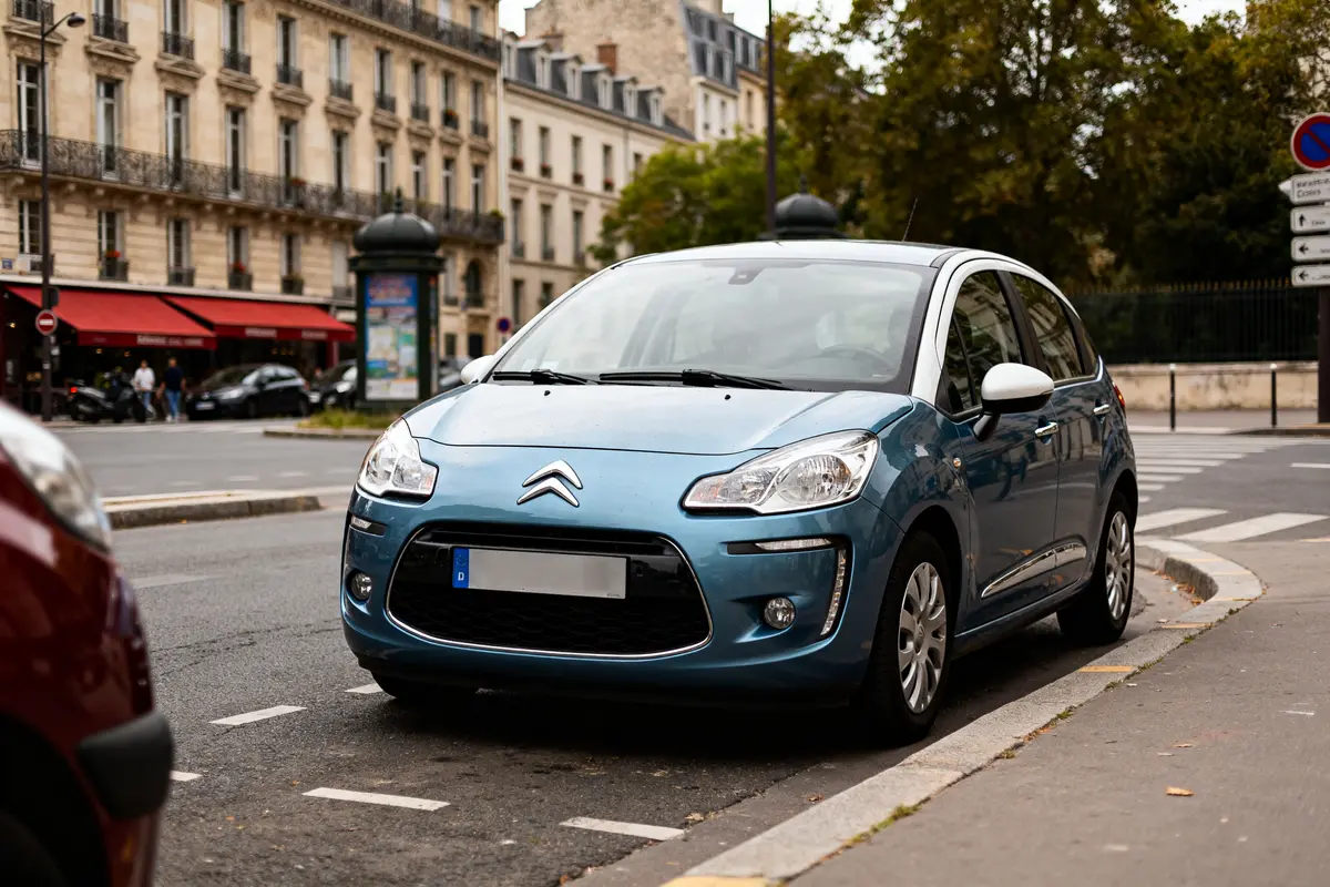 Citroën C3 2012 bleu garée en ville devant immeubles haussmanniens Paris
