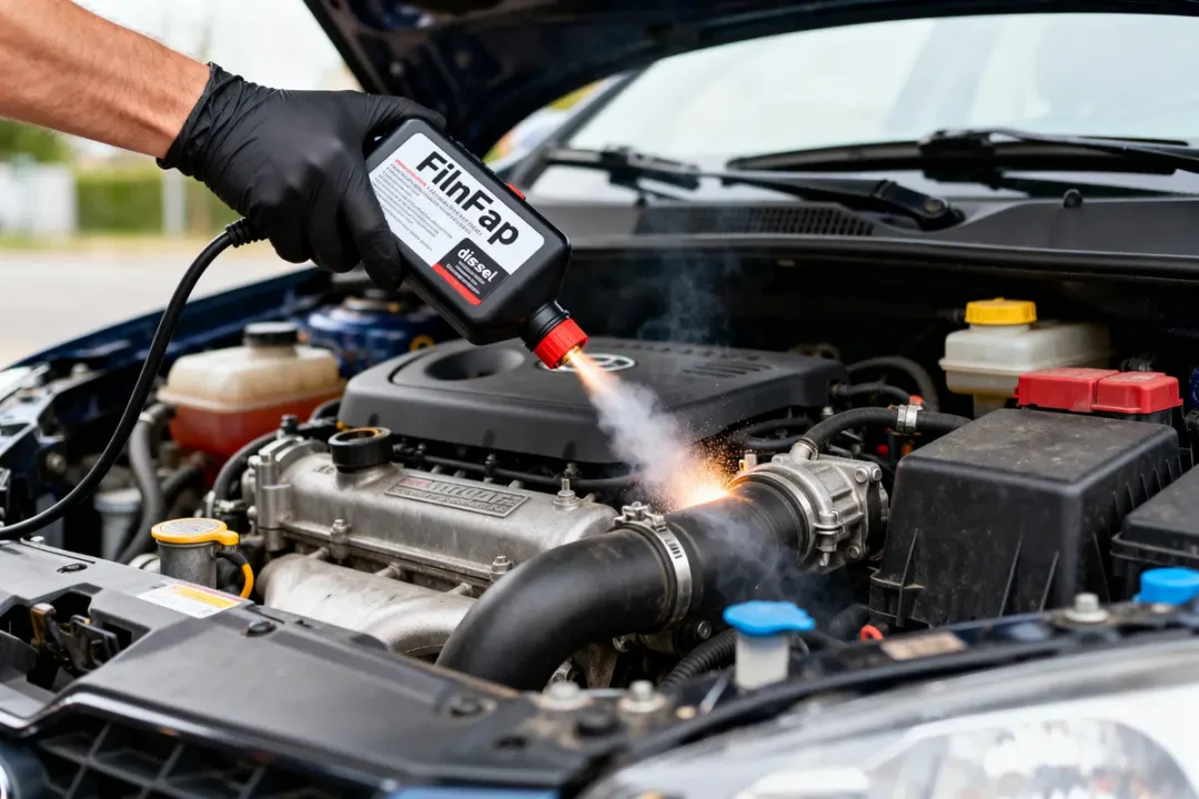 Nettoyage du moteur de voiture avec produit FilFap émettant une fumée blanche