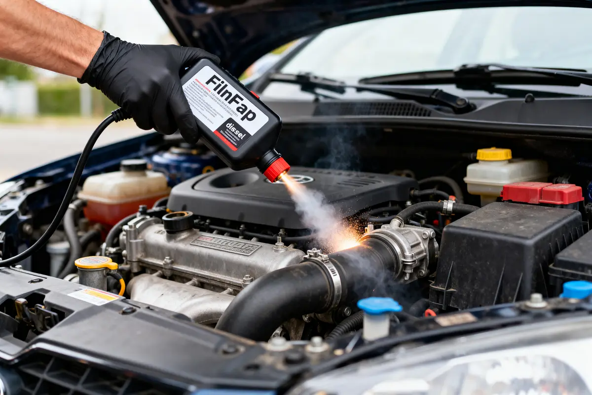 Nettoyage du moteur de voiture avec produit FilFap émettant une fumée blanche