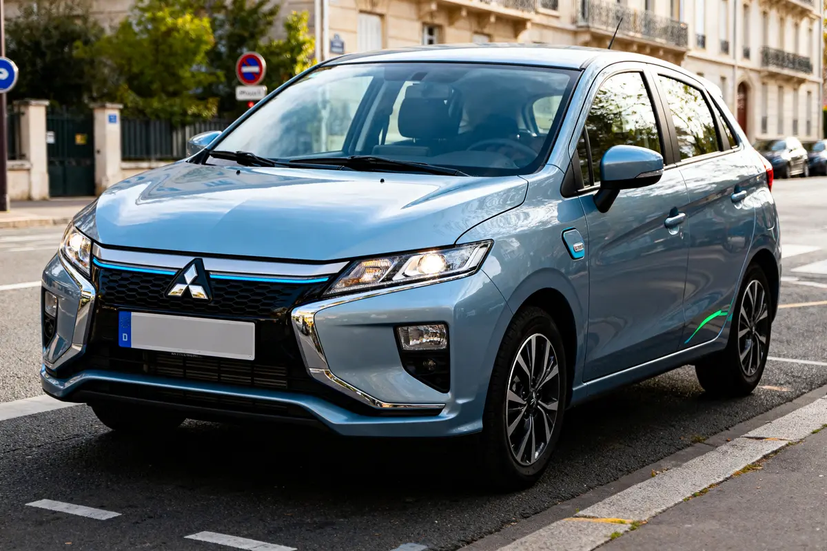Voiture bleue Mitsubishi Colt stationnée en ville avec design moderne et compact
