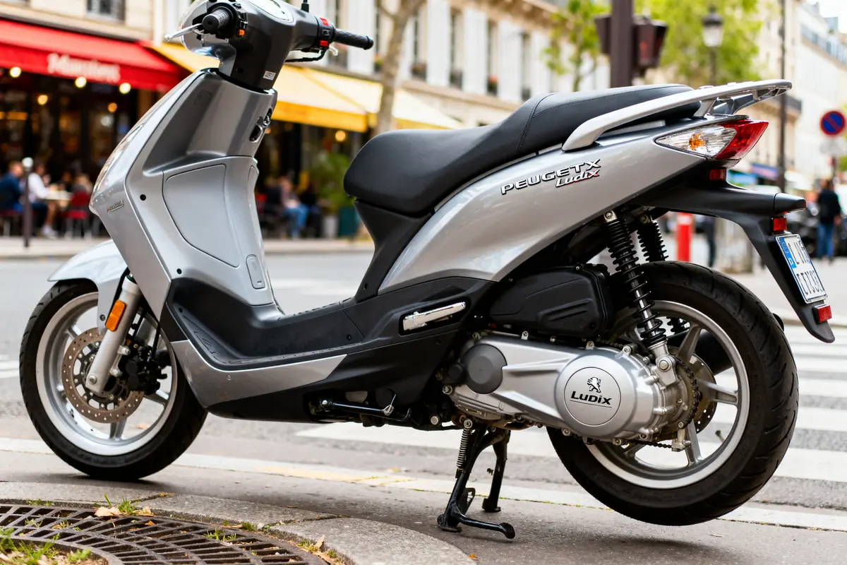 Scooter Peugeot Ludix argent stationné dans une rue parisienne animée sans personne autour