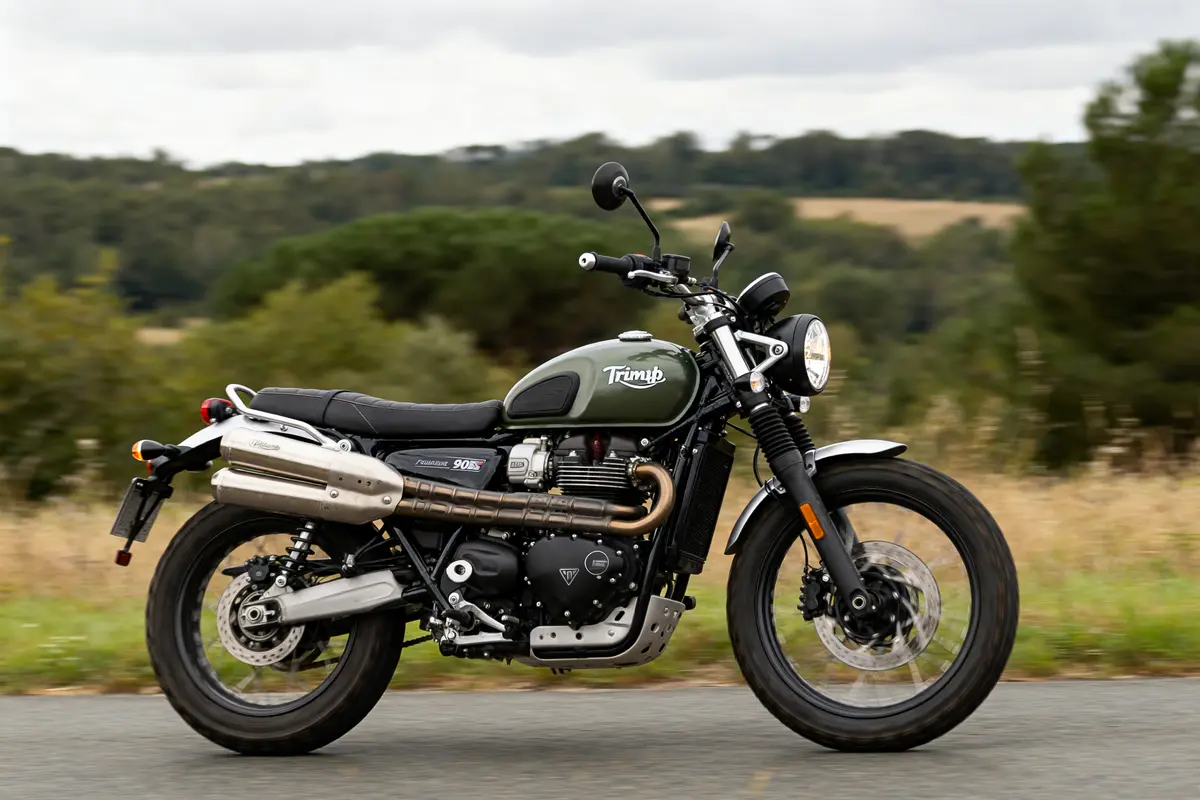Moto Triumph Scrambler 900 verte sur route de campagne avec fond boisé flou