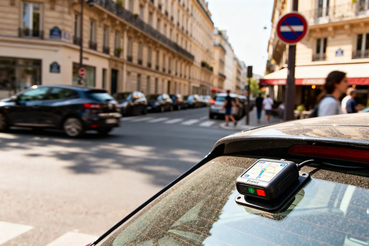 Dispositif d'alarme pour voitures installé sur le pare-brise arrière en ville animée