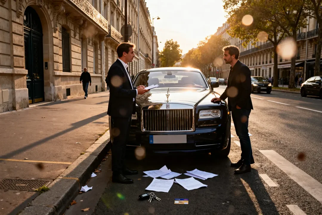 Deux hommes discutent devant une voiture de luxe avec documents liés à Vente Auto Prestige
