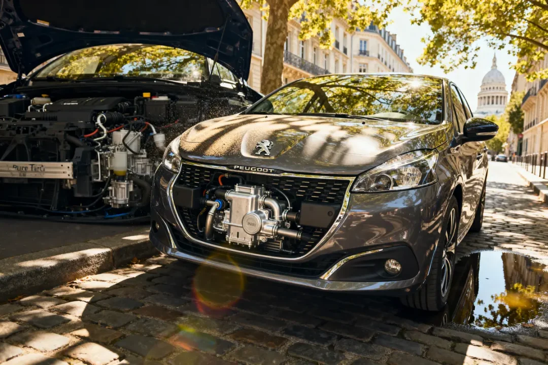 Peugeot avec capot ouvert présentant son moteur PureTech sur une rue pavée ensoleillée avis