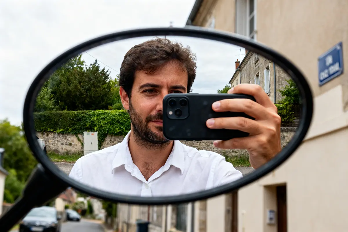 Homme photographié avec téléphone dans un rétroviseur Obus pour choisir un rétroviseur Obus