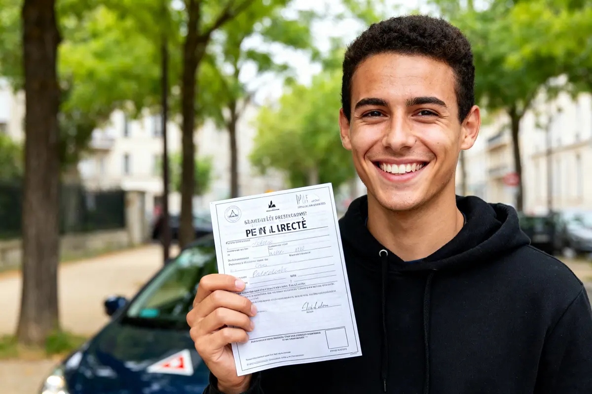 Jeune homme souriant avec permis de conduire après faute éliminatoire mais permis obtenu