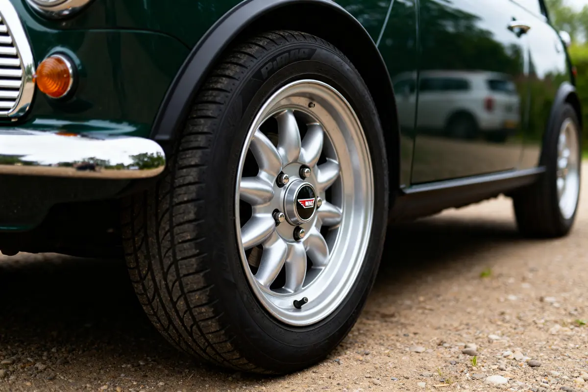 Voiture verte avec jante de Mini Austin en gros plan sur sol gravillonné