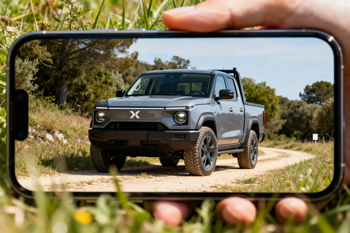 Smartphone montrant un pick-up sur chemin de terre de la marque de voiture en X