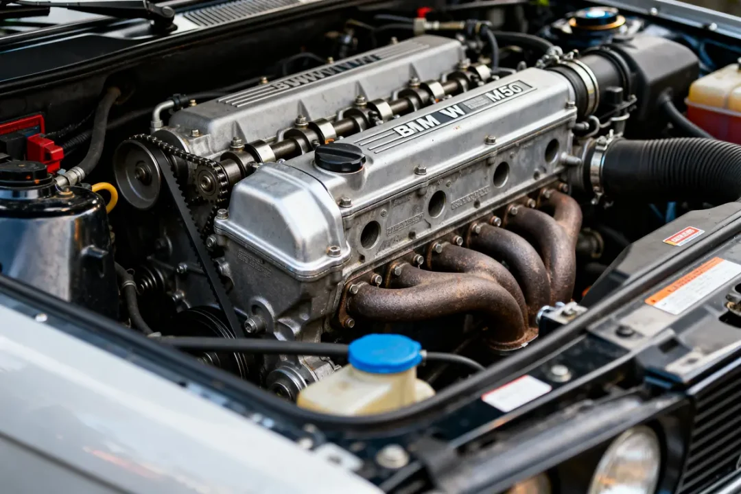 Moteur BMW M50 dans un compartiment moteur de voiture en focus détaillé.