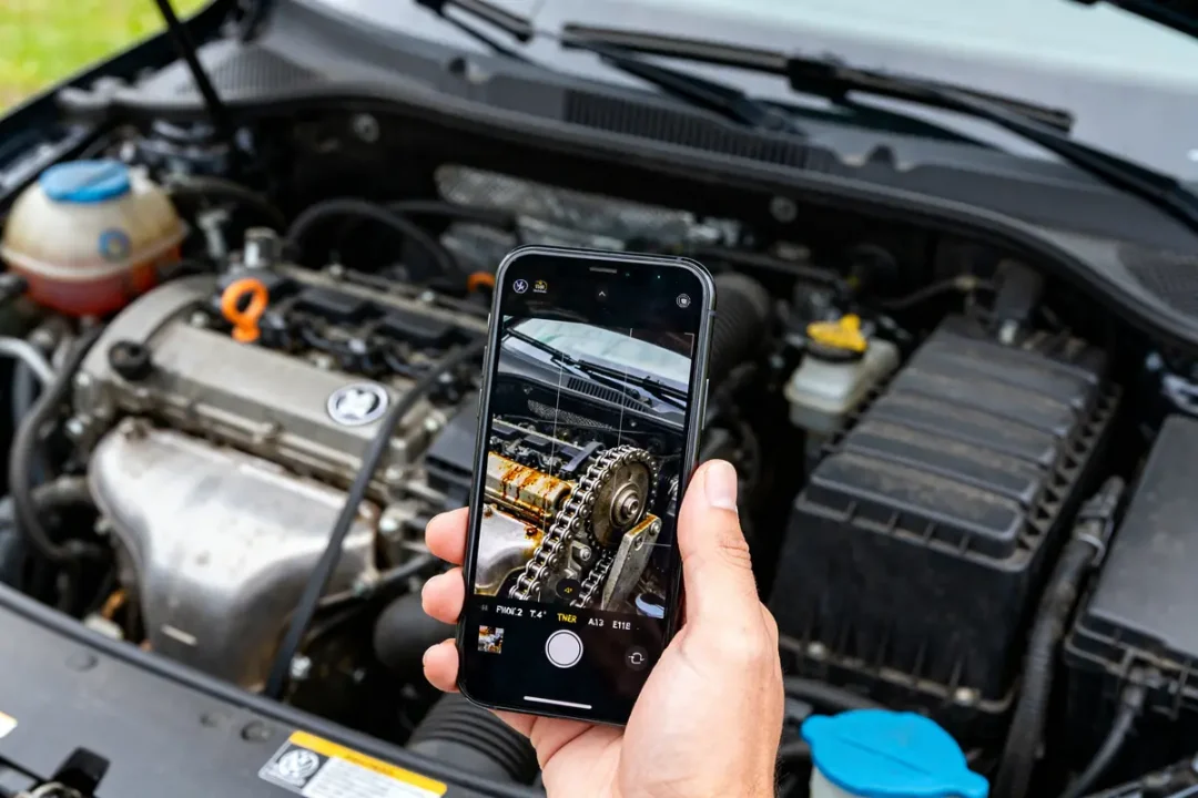 Une personne photographie un moteur TSI à éviter avec un smartphone dans le moteur.
