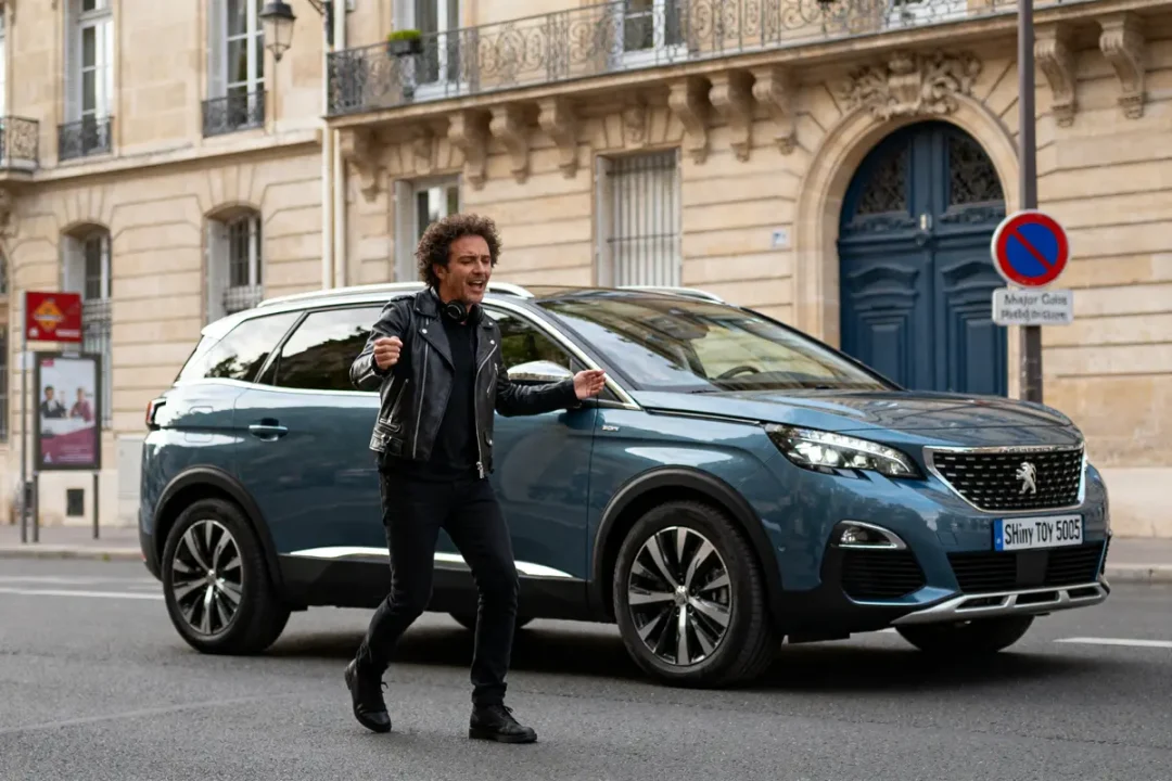 Un homme marche joyeusement devant une Peugeot 5008 évoquant la musique de la pub Peugeot 5008