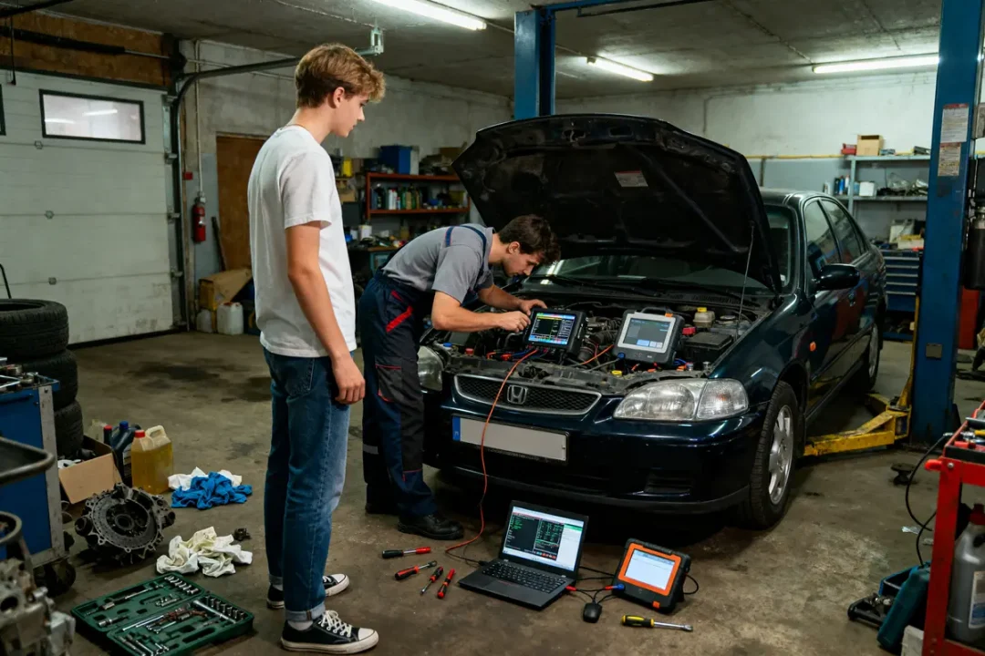 Mécanicien effectuant une reprogrammation moteur pour les jeunes conducteurs sur une voiture dans un garage