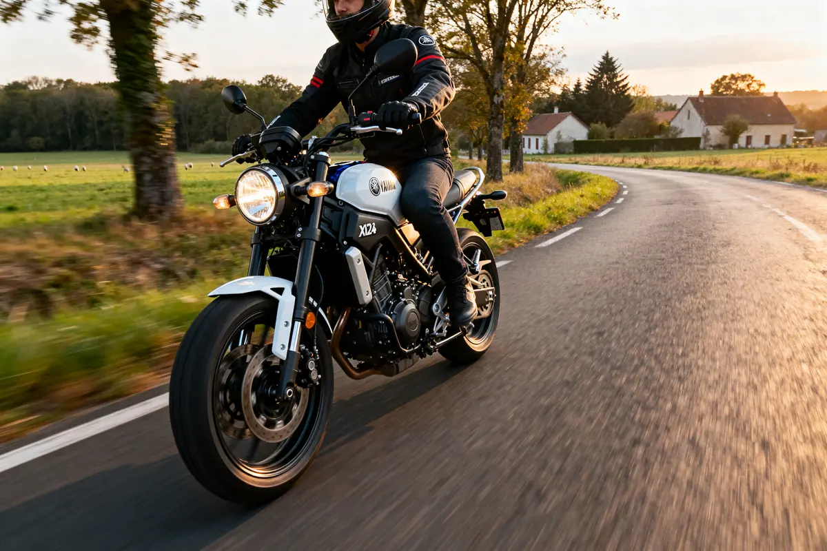 Motard sur Yamaha XSR 125 explorant campagne à vitesse max de la Yamaha XSR 125