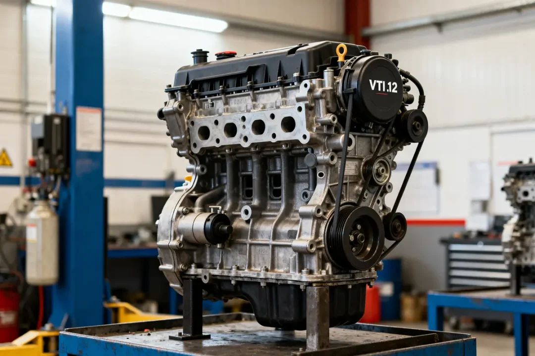 Moteur VTi 1.2 sur établi dans un atelier mécanique moderne et bien éclairé