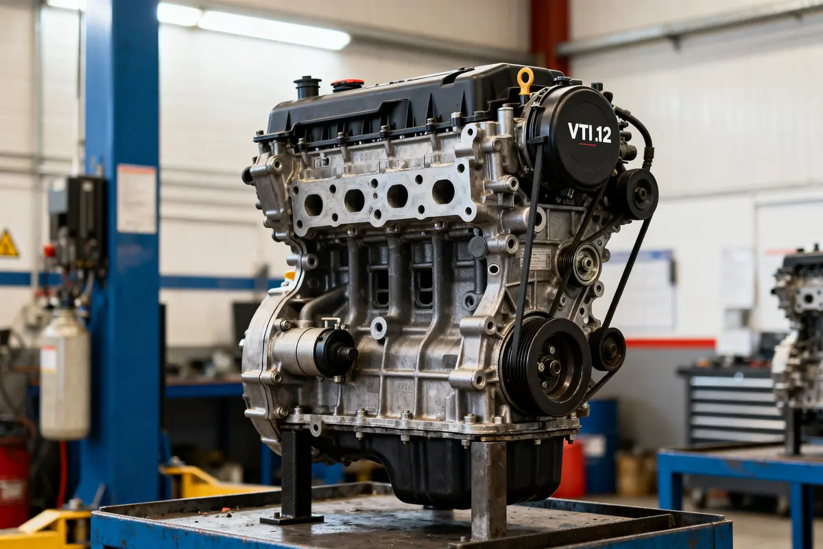 Moteur VTi 1.2 sur établi dans un atelier mécanique moderne et bien éclairé