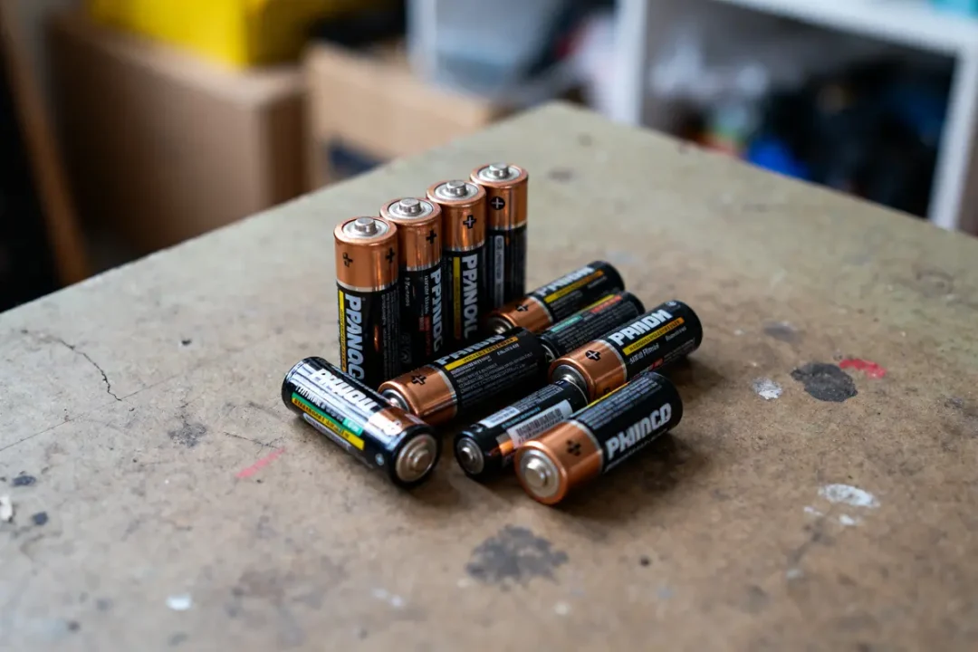 Pile de batteries sur une table évoquant le prix d'une batterie au kilo
