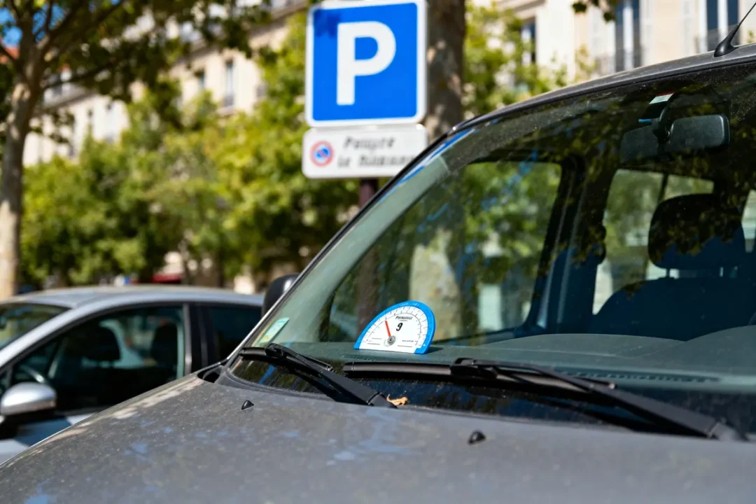 Voiture stationnée avec disque sur tableau de bord pour stationnement en zone bleue