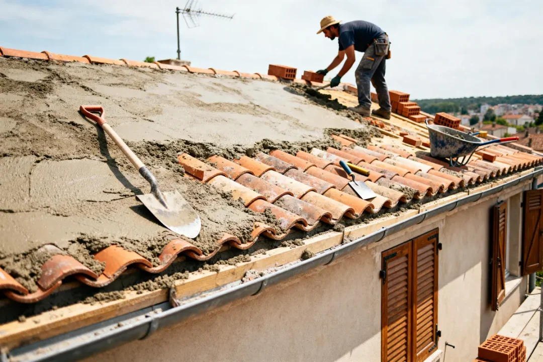 Travailleur réparant un toit en tuiles avec outils, coût sellier pour ciel de toit