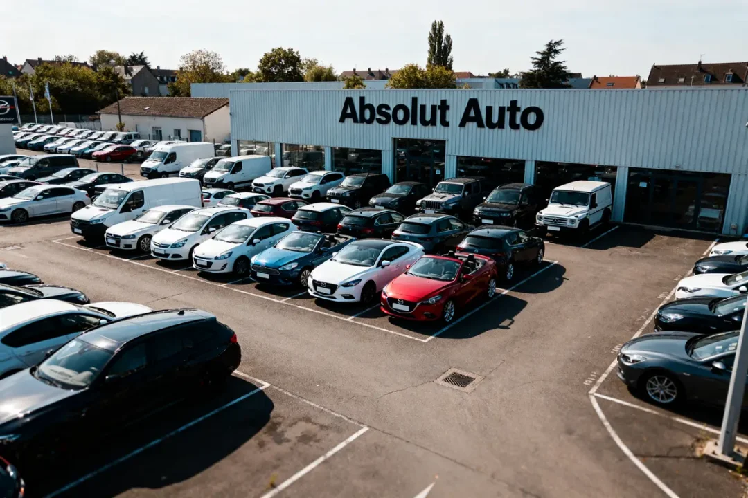 Concession automobile Absolut Automobiles avec de nombreux véhicules exposés sur le parking extérieur