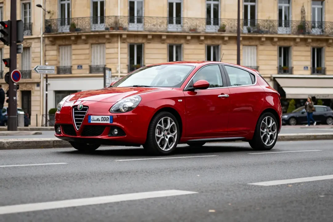 Alfa Romeo Giulietta rouge garée en ville devant un immeuble parisien ancien
