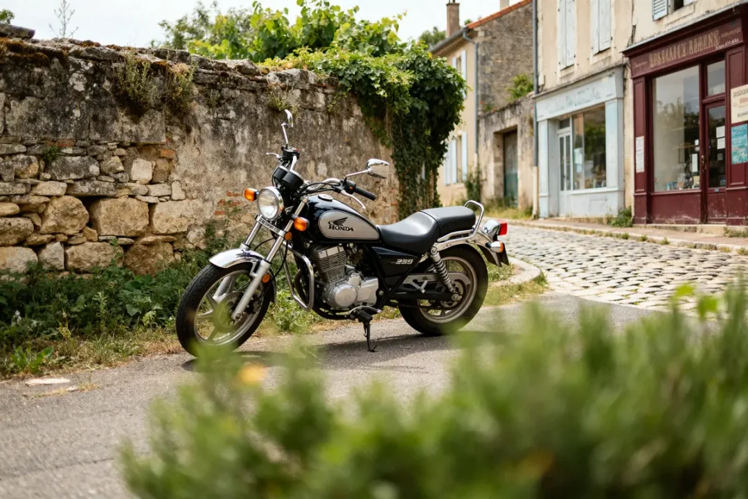 Moto Honda 125 Shadow stationnée devant un mur de pierres dans une rue pavée