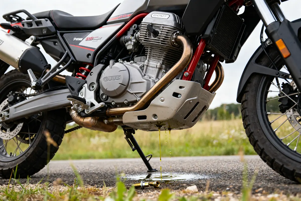 Moto Guzzi V85 TT fuite huile sur route montrant un problème mécanique