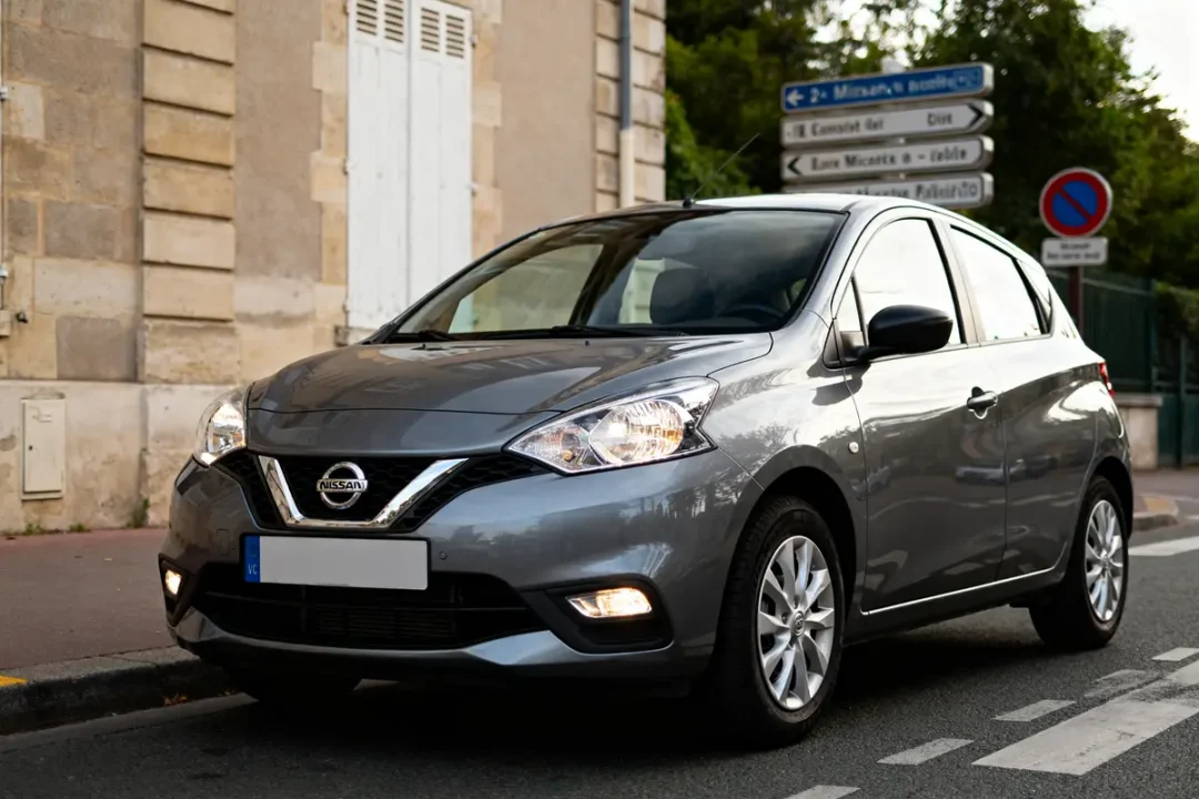 Nissan Micra moderne gris garée sur une rue urbaine avec panneau routier en arrière-plan