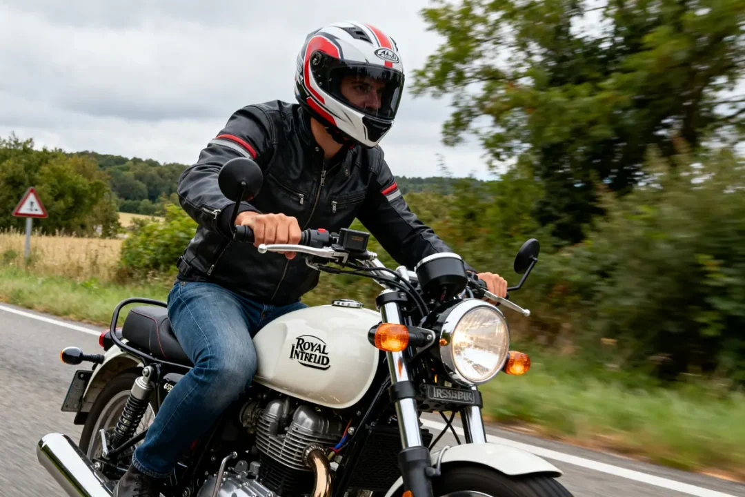 Motard conduisant une Royal Enfield Interceptor 650 sur route, potentiels problèmes de performance