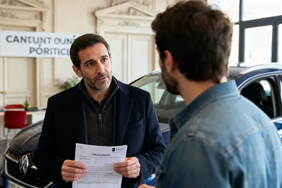 Homme tenant document discutant de l'annulation d'une vente de voiture dans un bureau.