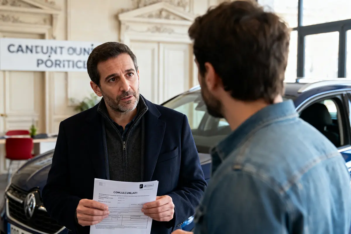 Homme tenant document discutant de l'annulation d'une vente de voiture dans un bureau.