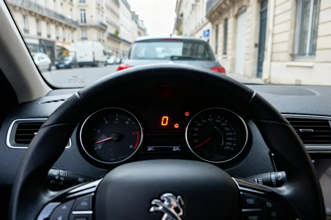 Tableau de bord d'une Peugeot 208 indiquant un défaut moteur sur un affichage urbain.