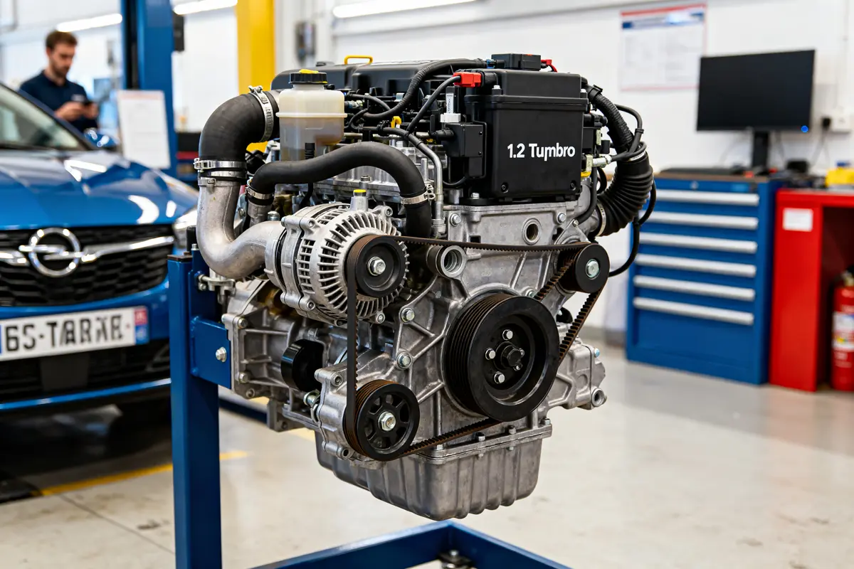 Moteur 1.2 Turbo Opel en atelier, illustrant sa fiabilité et son installation détaillée